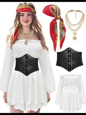 Women Pirate Costume Dress with Corset Accessories Long Sleeve Romper Short MED